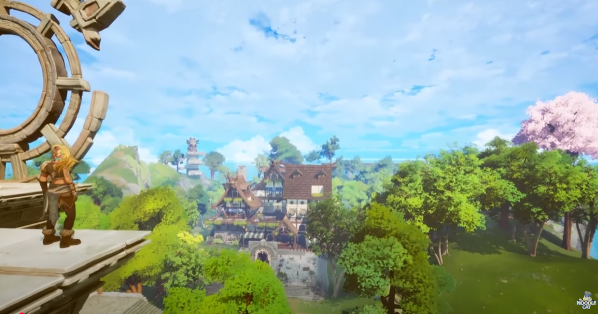 クラウドハイム|高台から浮遊世界を見渡すゼルダ風の探索シーン クラウドハイムの主人公が高台から幻想的な浮遊世界を見下ろしているシーン