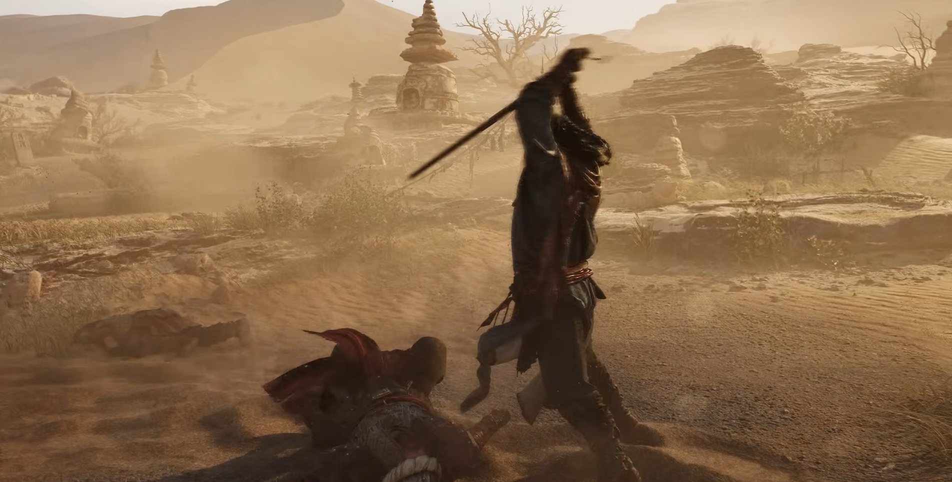 『帰唐』リアルな近接戦闘が展開される三人称視点アクション 『帰唐(Blood Message)』の主人公が砂漠で敵に剣を振り下ろす迫力のバトルシーン