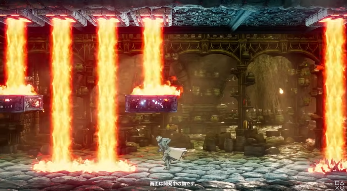 『Bloodstained: The Scarlet Engagement』溶岩トラップステージのアクションシーン 『Bloodstained: The Scarlet Engagement』の炎ギミックが連続するステージで、主人公キャラがタイミングを見計らって進む公式スクリーンショット