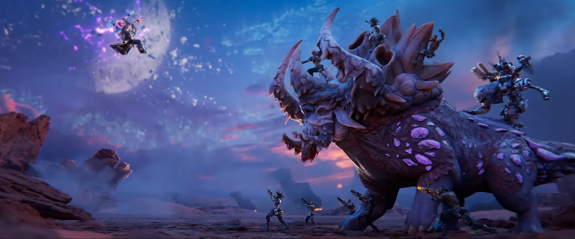 ヴォルト・ハンターたちが巨大クリーチャーに挑む惑星カイロスの戦闘シーン|ボーダーランズ4 巨大クリーチャーに挑む複数のヴォルト・ハンターたち。惑星カイロスの戦場を舞台に、スケール感のある激戦が繰り広げられるシーン