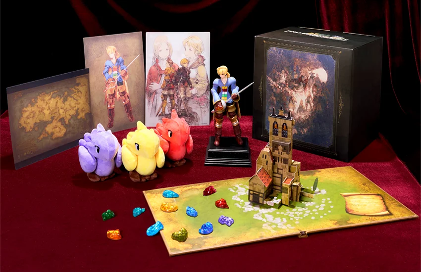 FFTイヴァリース クロニクルズ コレクターズBOX:ラムザフィギュア・ぬいぐるみ・ゾディアックストーンなど5点セット ファイナルファンタジータクティクスのコレクターズBOXに同梱される限定フィギュアやぬいぐるみなどのグッズ一式