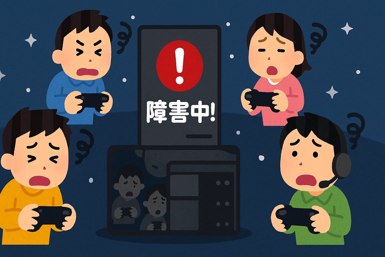ゲームサーバー障害中のイメージ ゲームサーバーの障害により複数のプレイヤーが困っているイメージ