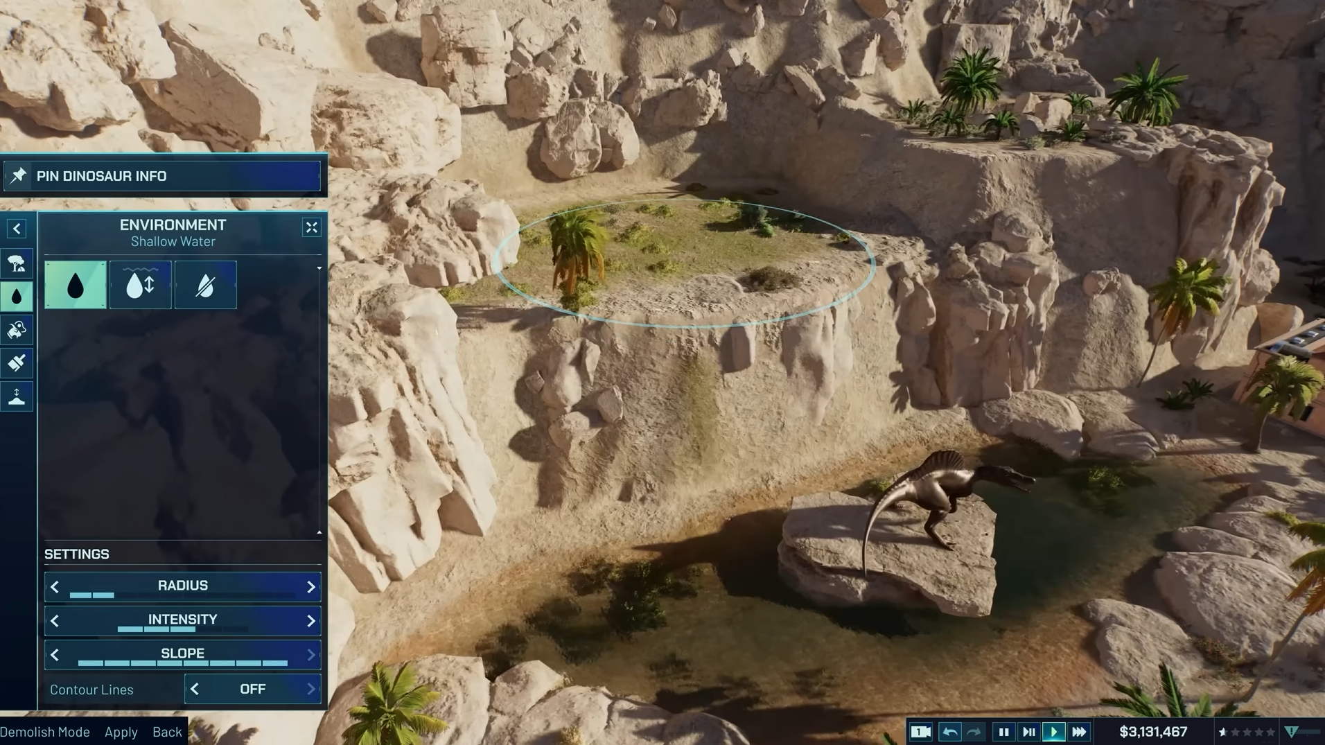 環境編集ツールで恐竜パークを自由設計|Jurassic World Evolution 3 『ジュラシック・ワールド・エボリューション3』の建設ツール画面。ユーザーが地形や植生を編集しながら恐竜の生息地を設計しているシーン