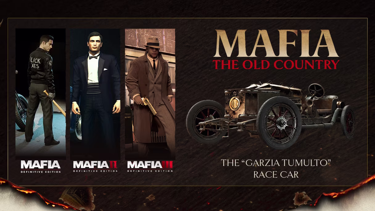 Garzia Tumulto & 歴代主人公連動特典|Mafia: The Old Country 『Mafia: The Old Country』の特典車両「Garzia Tumulto」と歴代シリーズ主人公たちを並べた報酬紹介ビジュアル
