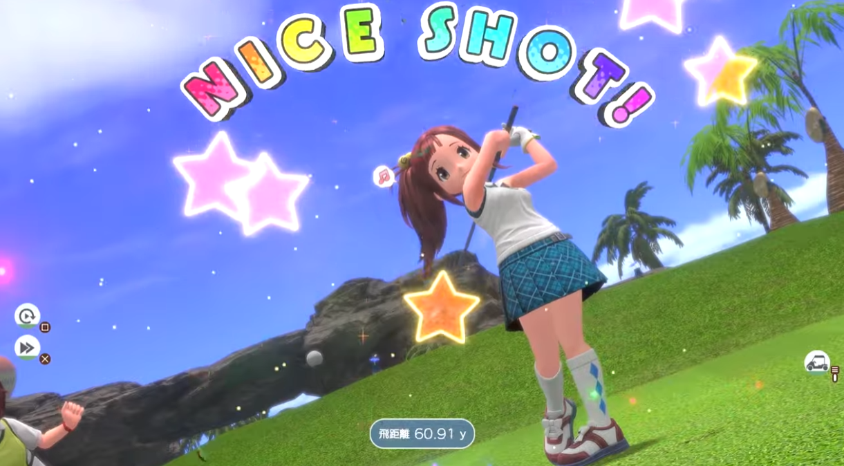 『みんなのGOLF WORLD』のゲームプレイ画面|ナイスショット演出と明るいゴルフ場風景 『みんなのGOLF WORLD』のプレイ画面。女の子キャラクターが爽快なショットを決めるシーン