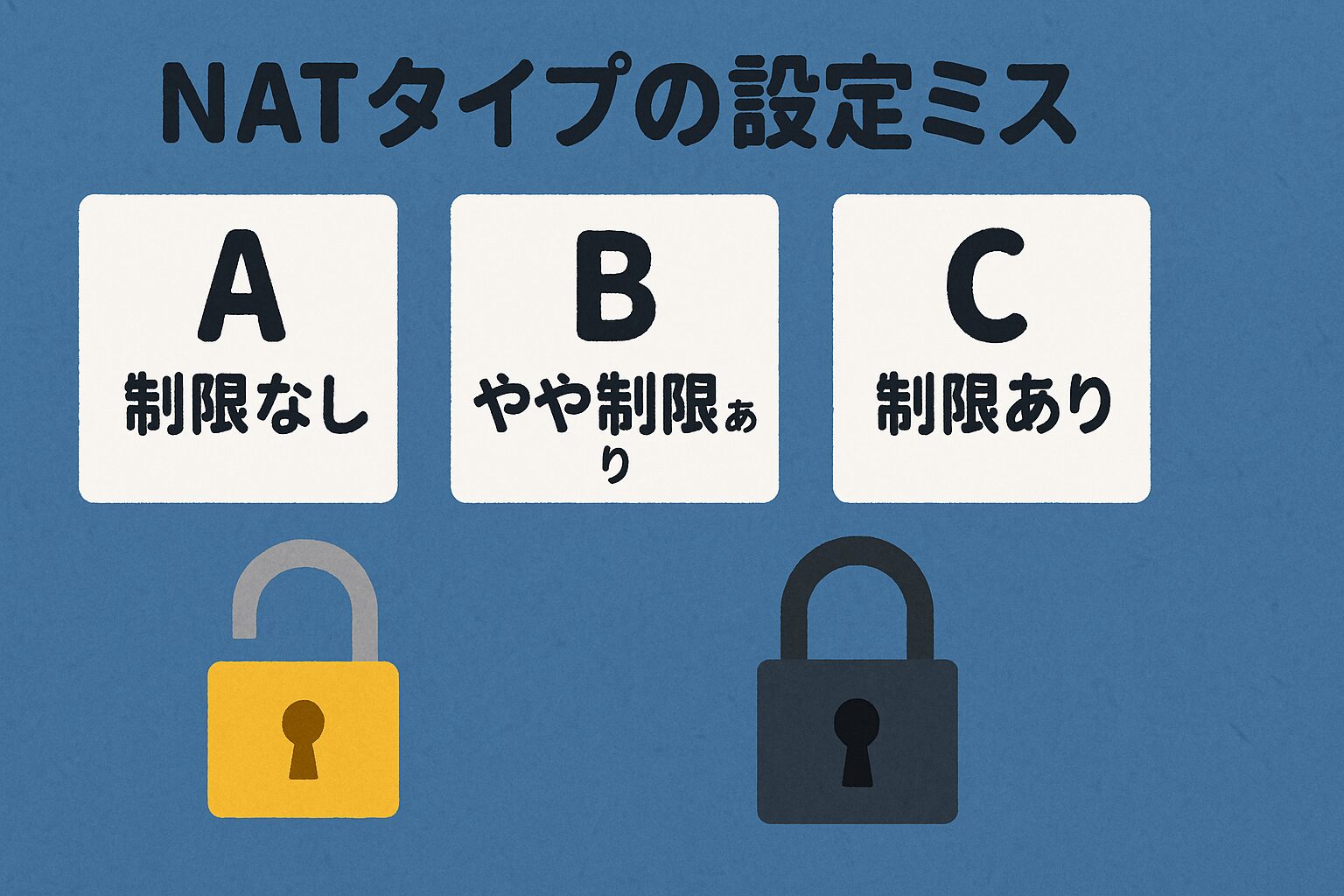 NATタイプ設定ミスと通信制限の違い NATタイプA・B・Cの違いと制限の有無を示す図解