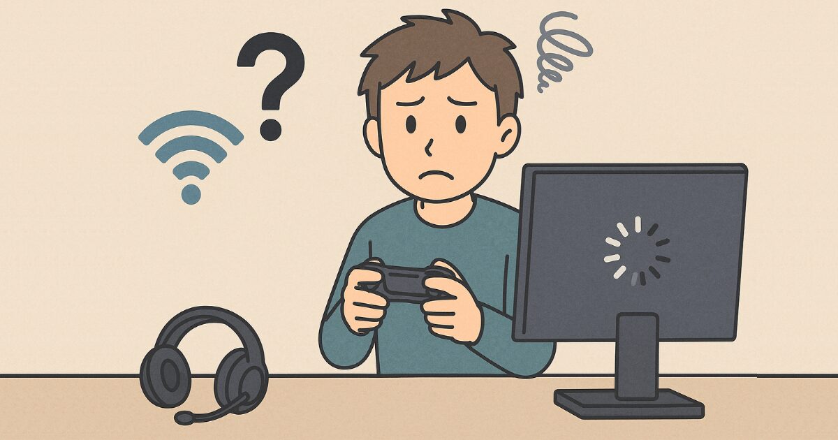 ゲーム中にネット回線が切れて困っているプレイヤーのアイキャッチ画像｜Wi-Fi接続エラーと読み込み中の画面を表現