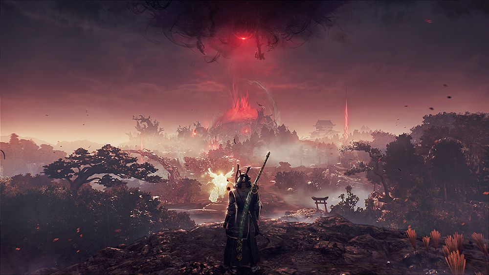 『仁王3』戦国死にゲーの極致を描く地獄フィールド全景 『仁王3』の死地フィールドを見下ろす主人公の背中と赤く染まった戦国の地獄風景の公式スクリーンショット