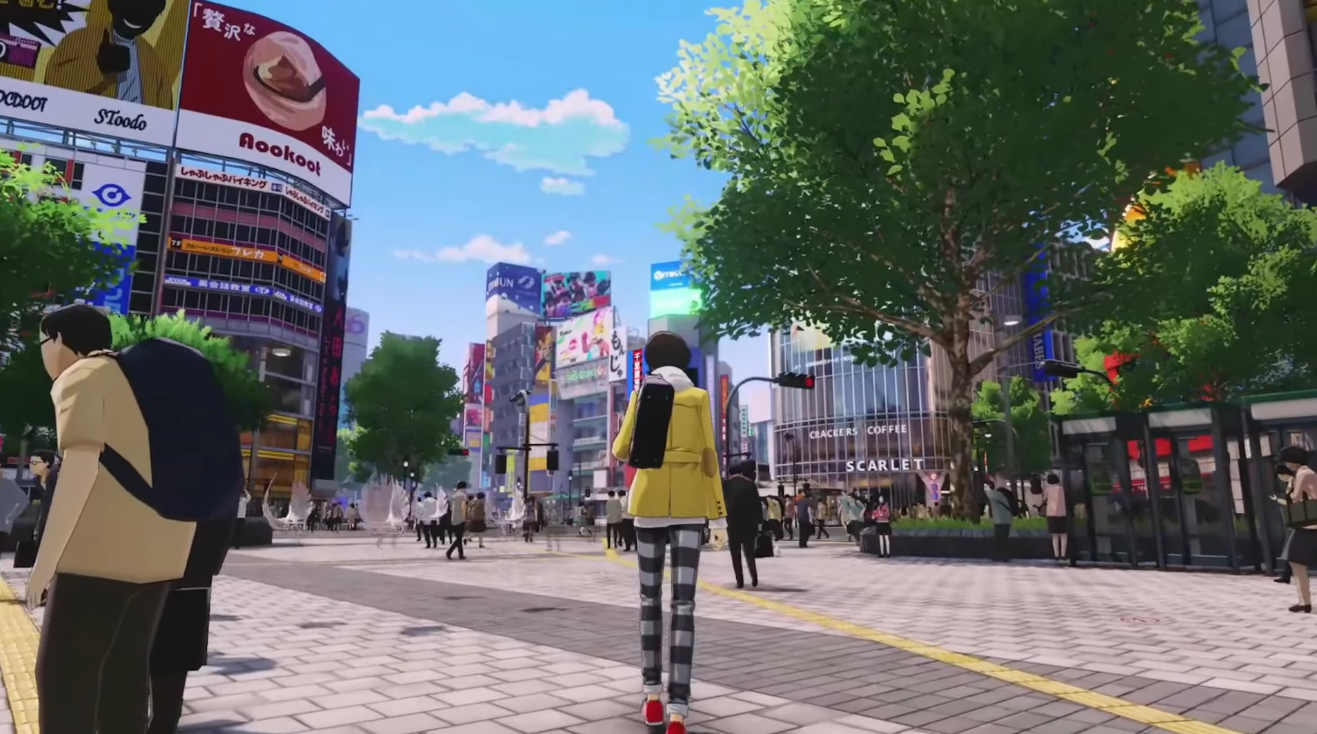 渋谷の街を歩くP5X主人公の後ろ姿。昼間のスクランブル交差点が再現されている