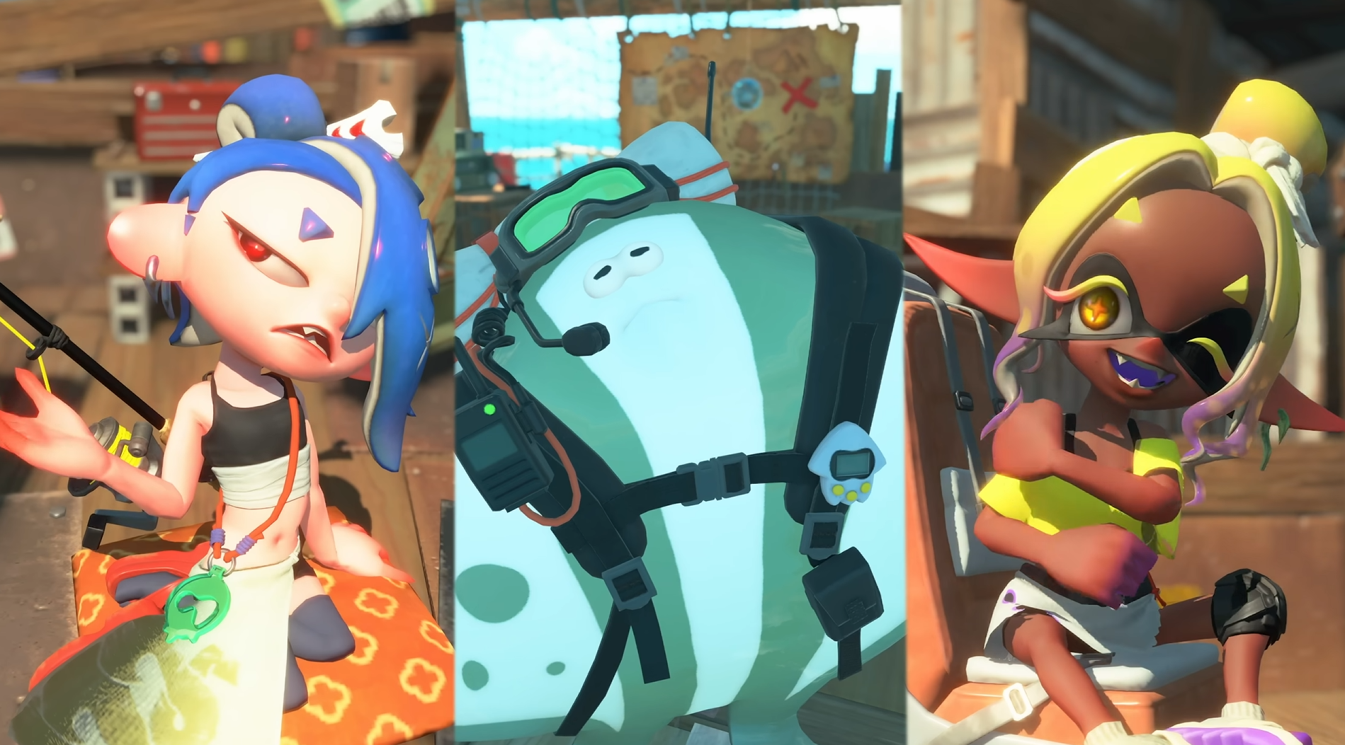 すりみ連合の新ビジュアル|スプラトゥーン レイダース 新たな衣装に身を包んだすりみ連合の3人。フウカ、マンタロー、ウツホが船上で会話する様子