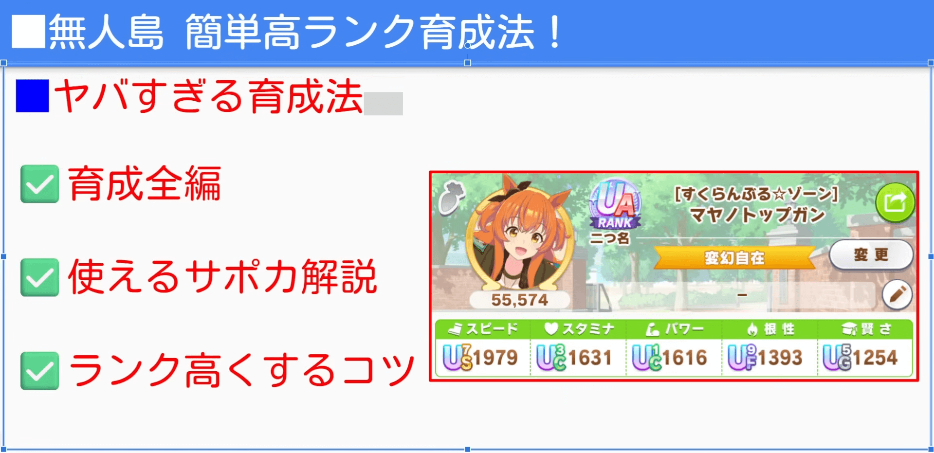 スピ5編成でUAランク達成|無人島シナリオ スピ5構成でUAランクを達成したウマ娘の育成結果