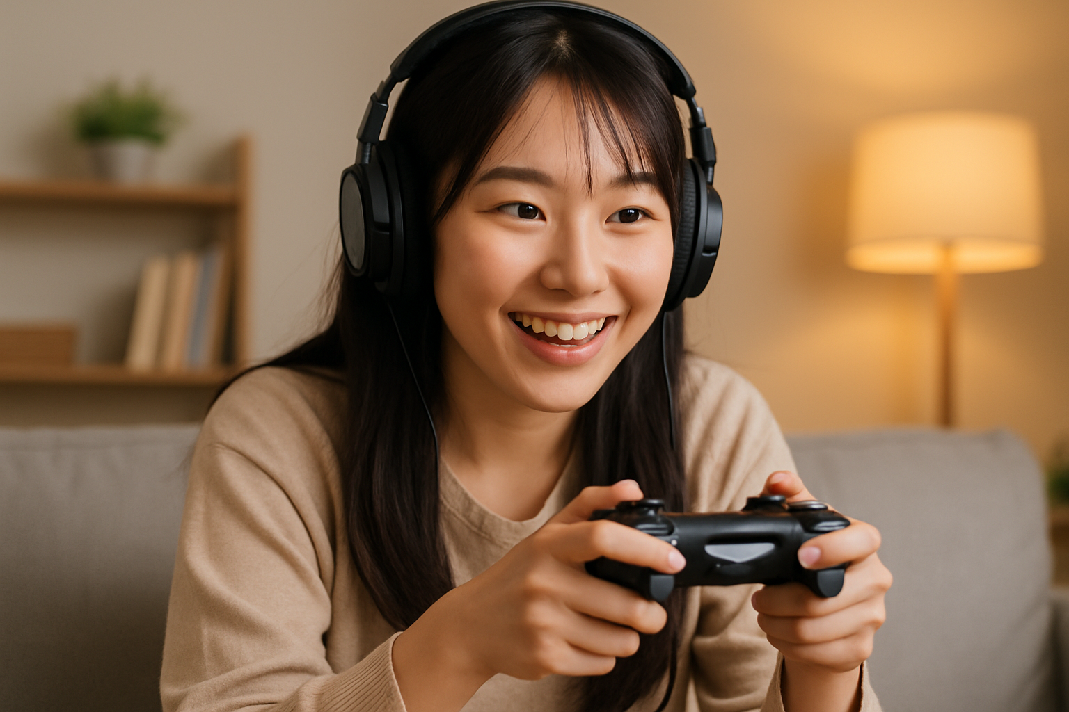 ゲームに夢中になる女性ゲーマーのイメージ ゲームに熱中する若い女性の様子。コントローラーを握り集中した表情でプレイしている