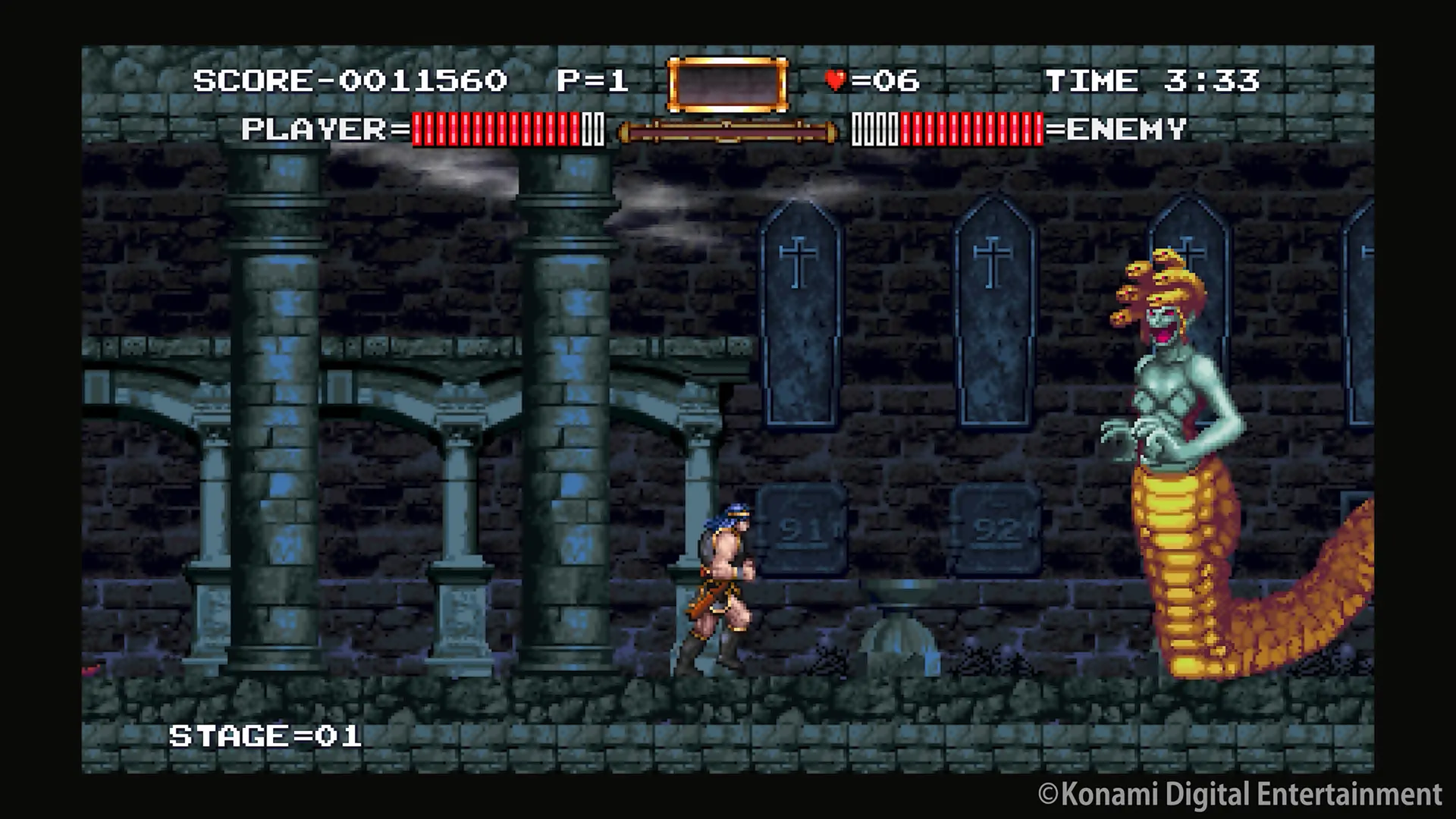 Haunted Castleより、メドゥーサとの対決場面 Haunted Castleでプレイヤーがメドゥーサ型の敵と対峙しているシーン