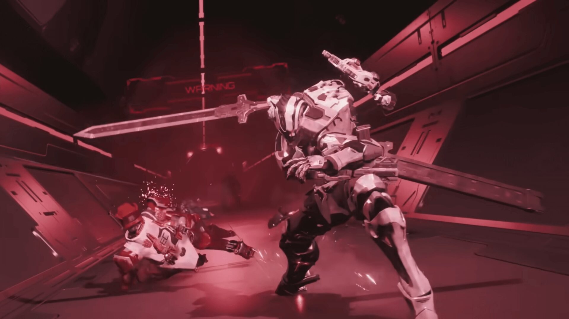 アーセナルの近接攻撃アクション(DAEMON X MACHINA TITANIC SCION) 巨大な剣を振るうアーセナルが敵を斬りつける緊迫の戦闘シーン(TITANIC SCION)