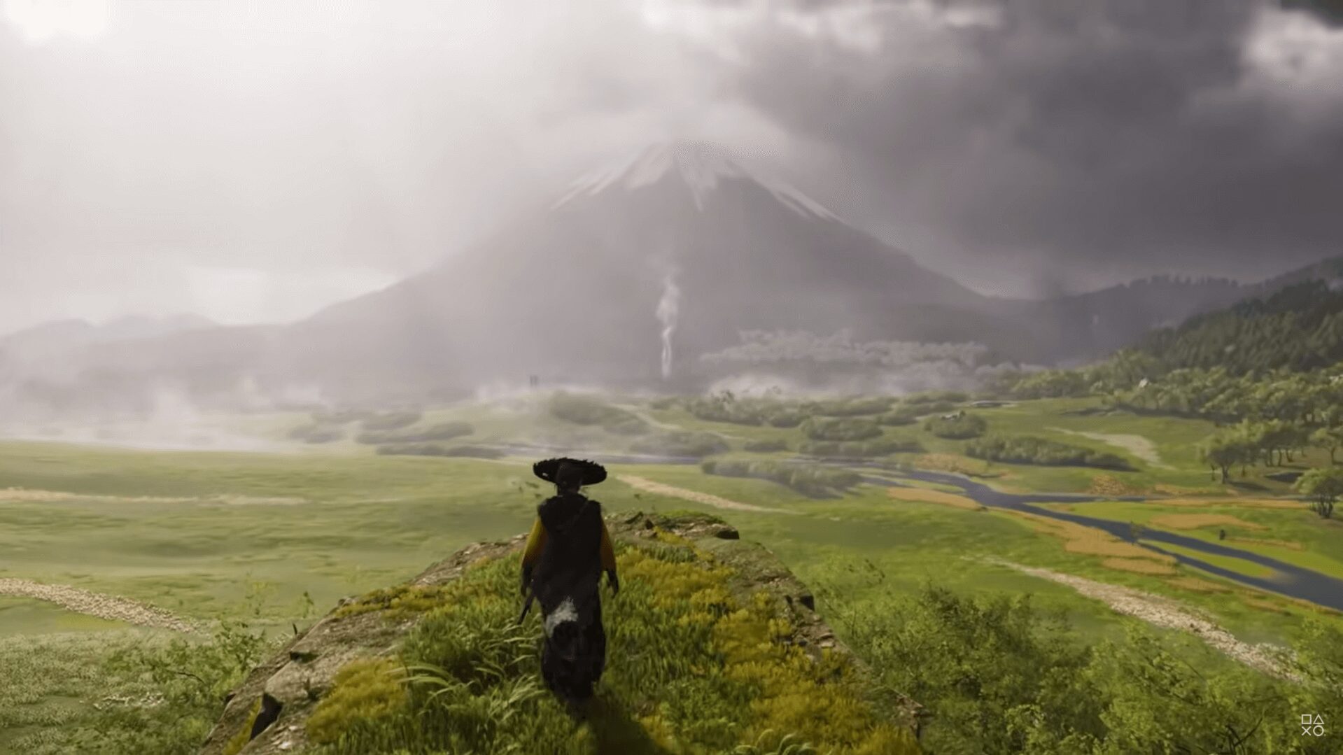 Ghost of Yōtei 広がる草原と山を望むアツのシーン Ghost of Yōtei 広がる草原と山を望むアツのシーン