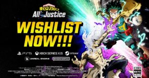 『僕のヒーローアカデミア All's Justice』のWISHLIST NOW告知アイキャッチ画像｜デクと死柄木が対峙するメインアート
