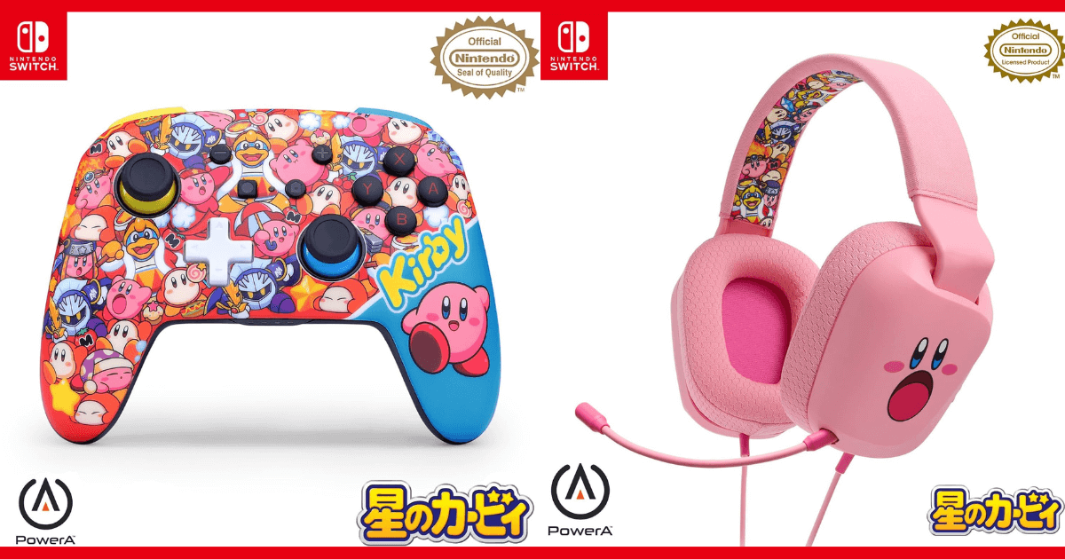 星のカービィデザインのSwitch用ワイヤレスコントローラーと有線ヘッドセットのアイキャッチ画像。両製品ともPowerA製・任天堂公式ライセンス商品