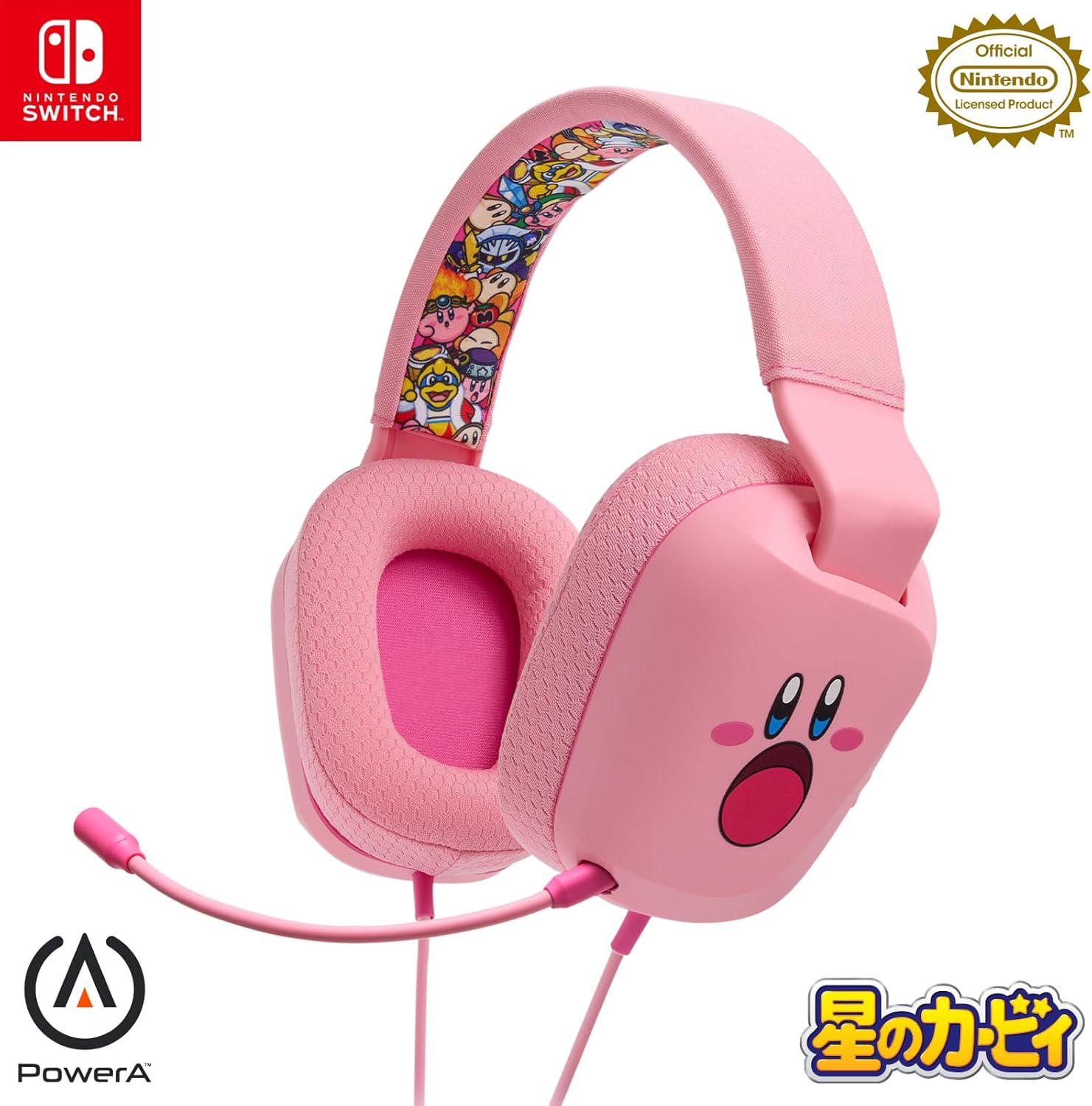 カービィのほおばり表情が描かれたピンク色のSwitch用有線ヘッドセット