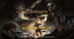 『Mandragora（マンドラゴラ）』のパッケージ版発売告知アート。闇のクリーチャーたちに囲まれた主人公が剣を掲げて立つダークファンタジービジュアル。
