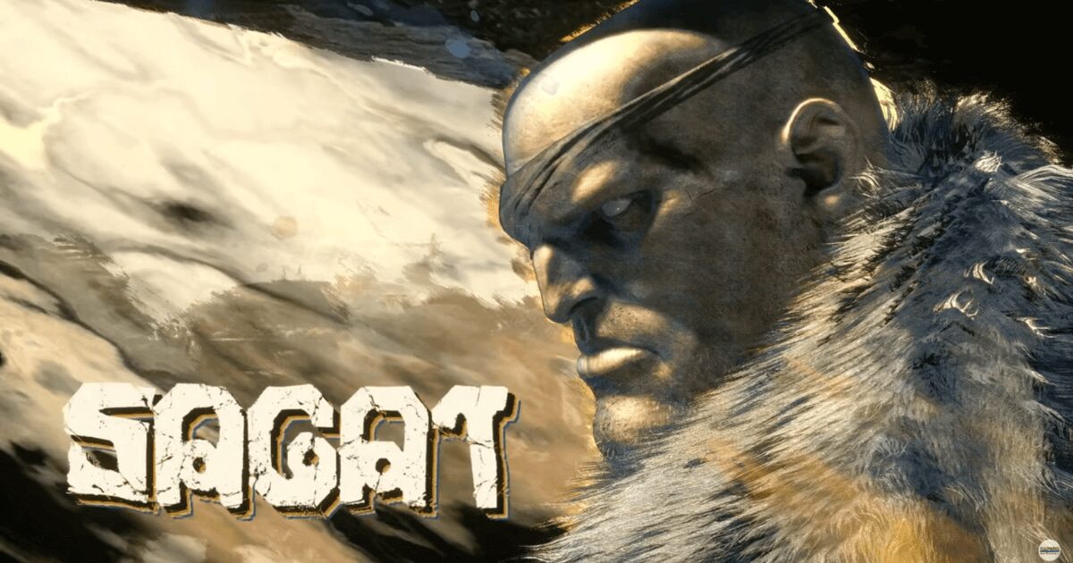 『ストリートファイター6』に登場するサガットのカットイン演出シーンと「SAGAT」ロゴのアイキャッチ画像