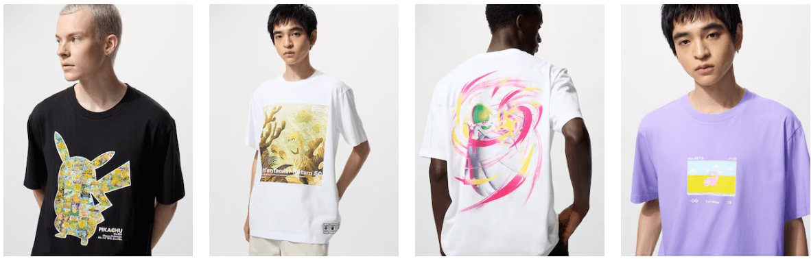 ユニクロとポケモンカードゲームのUTコレクション4種。ピカチュウ・フシギバナ・サーナイト・ニンフィアのTシャツを並べた一覧画像