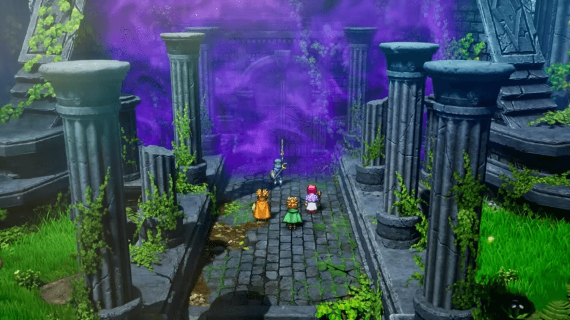 ドラゴンクエスト1&2リメイク ロトの剣で紫の瘴気を払い道を開くシーン