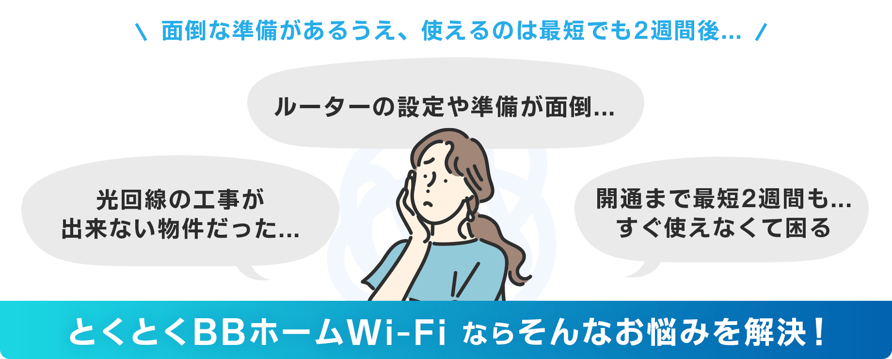 工事待ち・設定の悩みを解決 光回線の工事待ちや設定の手間・工事不可物件の悩みを、とくとくBB ホームWi-Fiが解決
