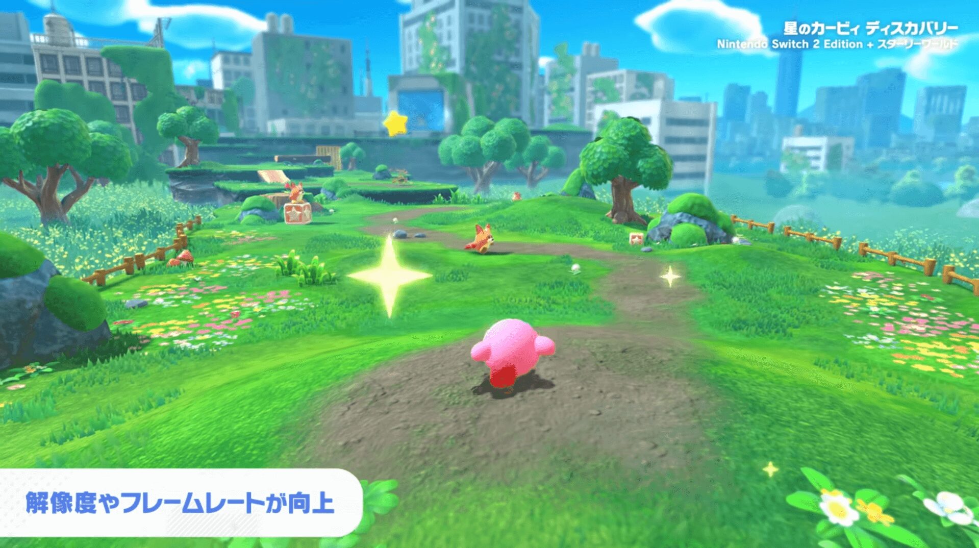 スターリーワールドのフィールド探索 スターリーワールドの草原ステージを進むカービィ