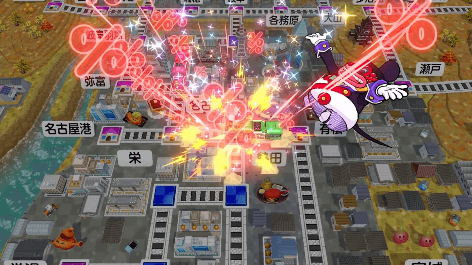桃太郎電鉄2 名古屋でデビル系キャラの攻撃が発動している場面