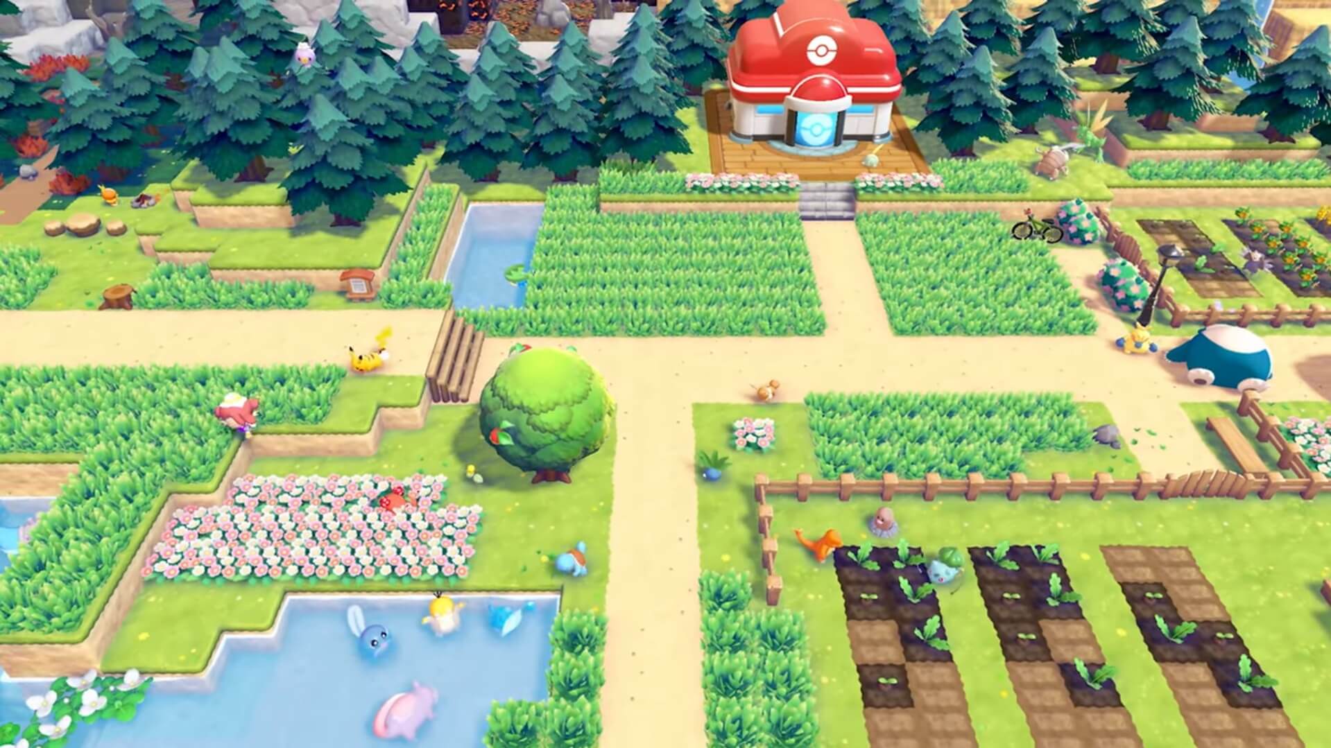 『ぽこ あ ポケモン』でプレイヤーが作る豊かなポケモンの街と畑の風景