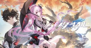 崩壊スターレイルPC版のキービジュアル。人気キャラクターが登場し、美麗な背景とロゴが描かれています。