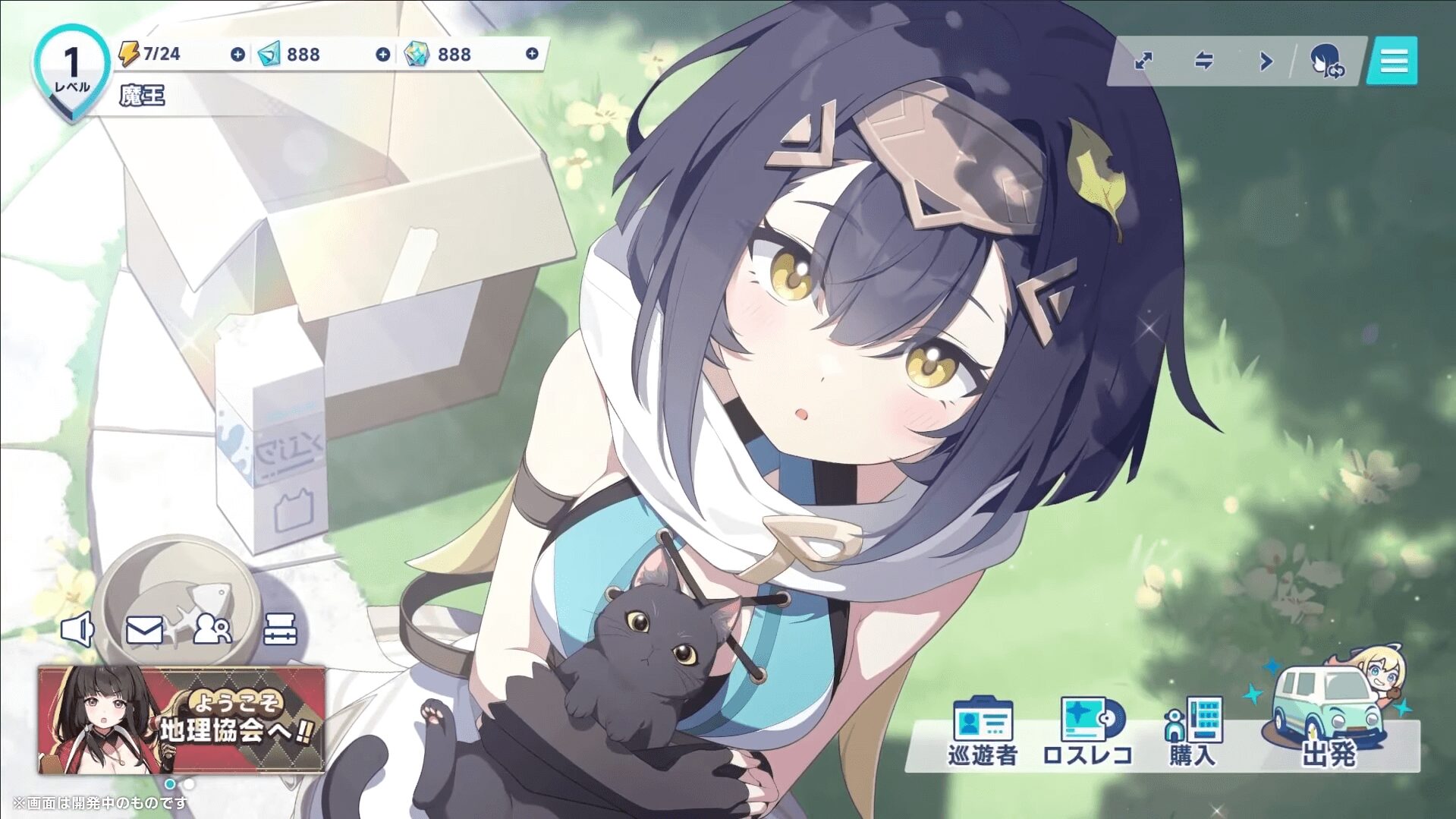 ステラソラ ホーム画面で黒猫を抱くキャラクター ステラソラ ホーム画面で黒猫を抱くキャラクター