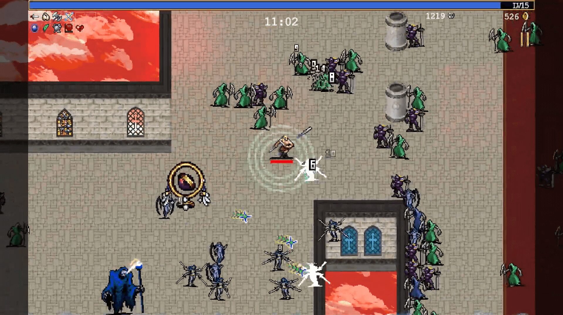 ヴァンパイア・サバイバーズ 城ステージの戦闘シーン