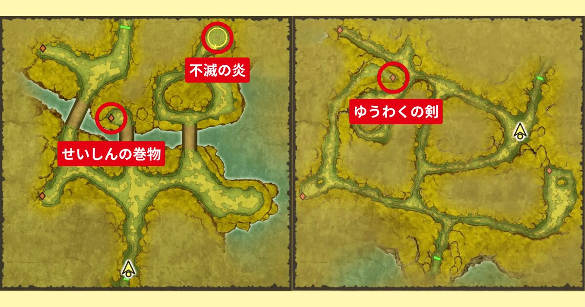 『ドラクエ1＆2 HD-2D』迷いの森で入手できる「せいしんの巻物」と「ゆうわくの剣」の場所マップ