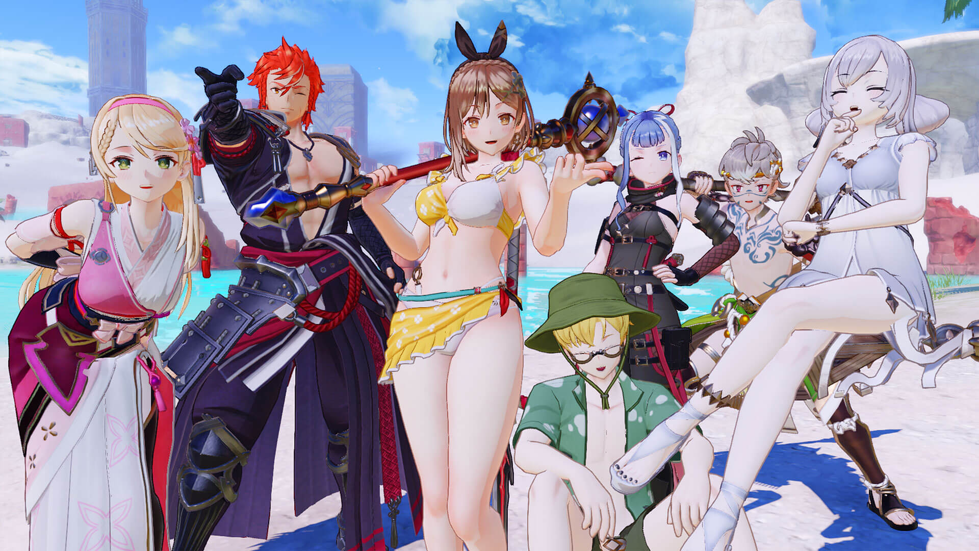 『ライザのアトリエ ～秘密のトリロジー～ DX』公式ビジュアル。ライザや仲間たちが浜辺に立つキービジュアル。