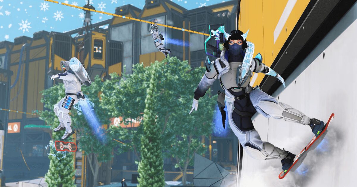 Apex Legendsの雪山マップでホバーボードに乗る様子