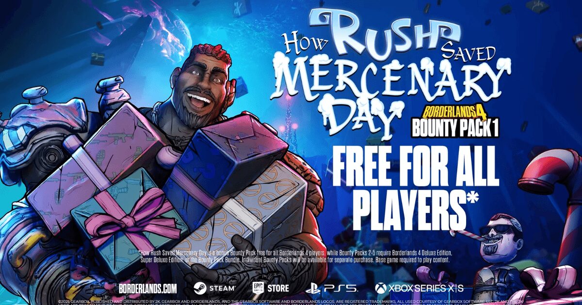 ボーダーランズ4の無料DLC「お尋ね者パック1」のキービジュアル。キャラクターたちが笑顔で登場し、ホリデーシーズンを思わせる装飾が施されている。