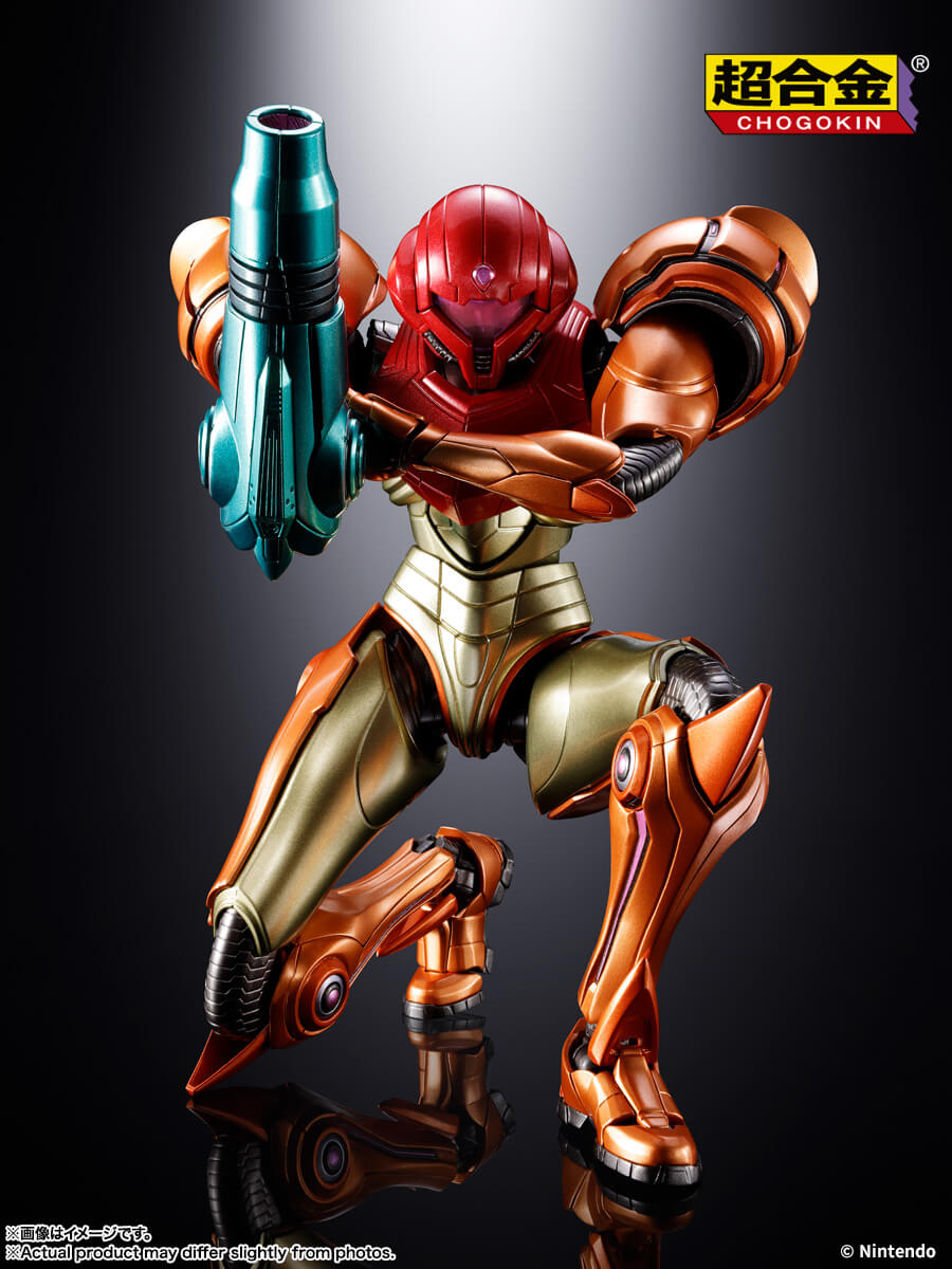 超合金 サムス・アラン（メトロイドプライム4 ビヨンドVer.）のパッケージアートと本体フィギュア。ダイキャストパーツによる重厚感が際立っている。