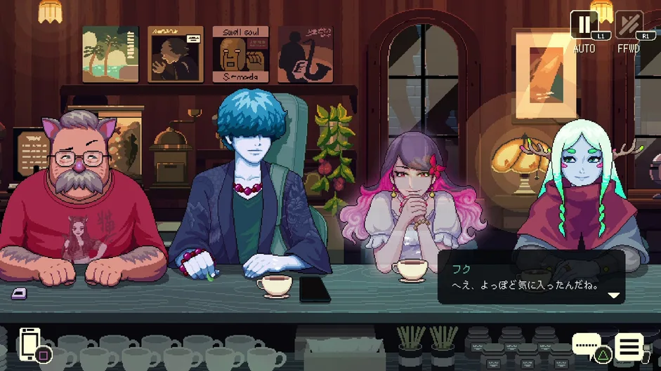 『コーヒートーク トーキョー』のバリスタがコーヒーを淹れるゲームプレイ画面