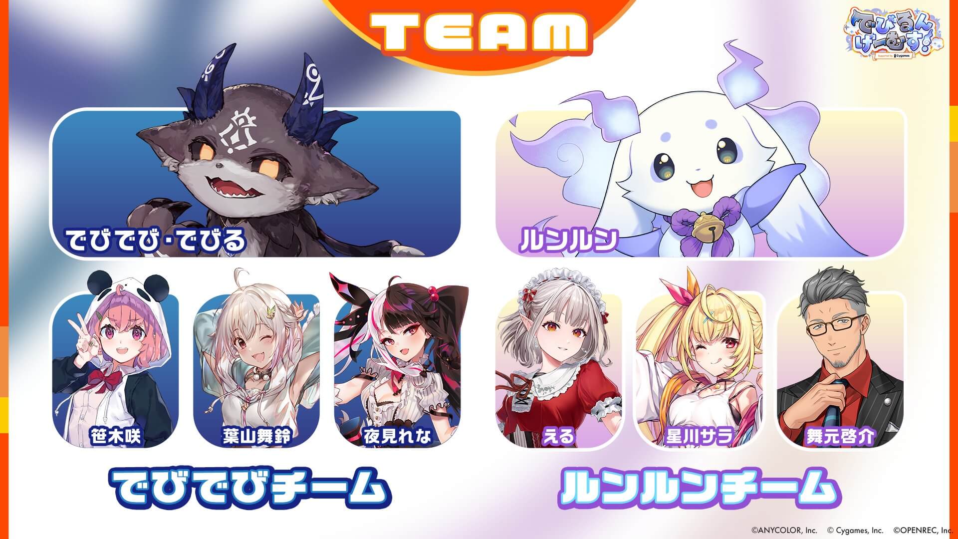 「でびるんげーむす」におけるでびでび・でびるチームとルンルンチームのメンバー構成図