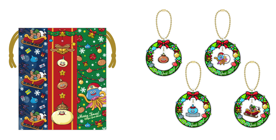 ドラゴンクエストクリスマス限定のアクリルスタンド、巾着、リース風キーホルダーなどのグッズ