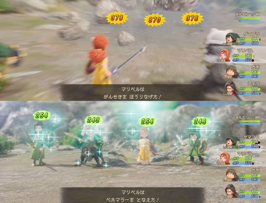 バトルマスターの岩石おとしと僧侶のベホマラーの比較図