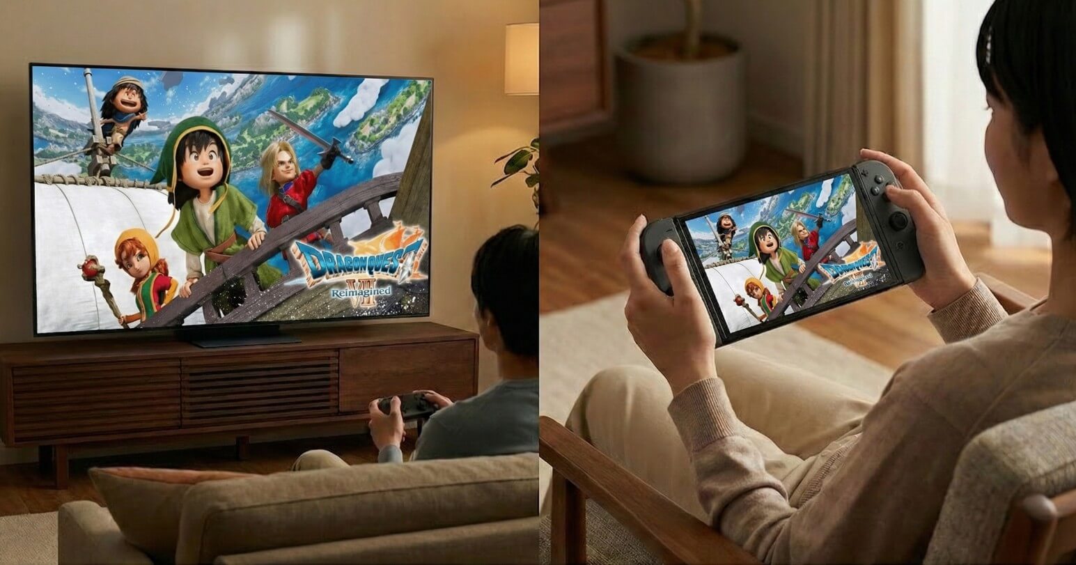 高精細なモニター画面と携帯ゲーム機の画面を比較している様子