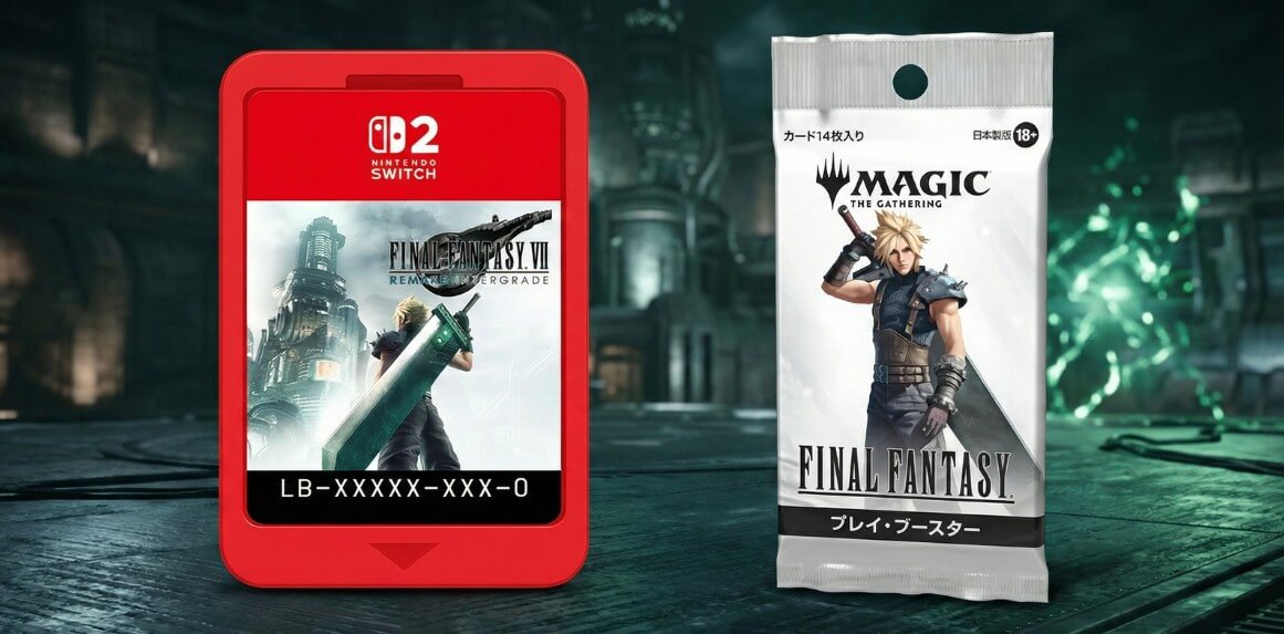 FF7リメイクSwitch2パッケージ版の中身。キーカードと特典のマジック:ザ・ギャザリングカードが並んでいる。