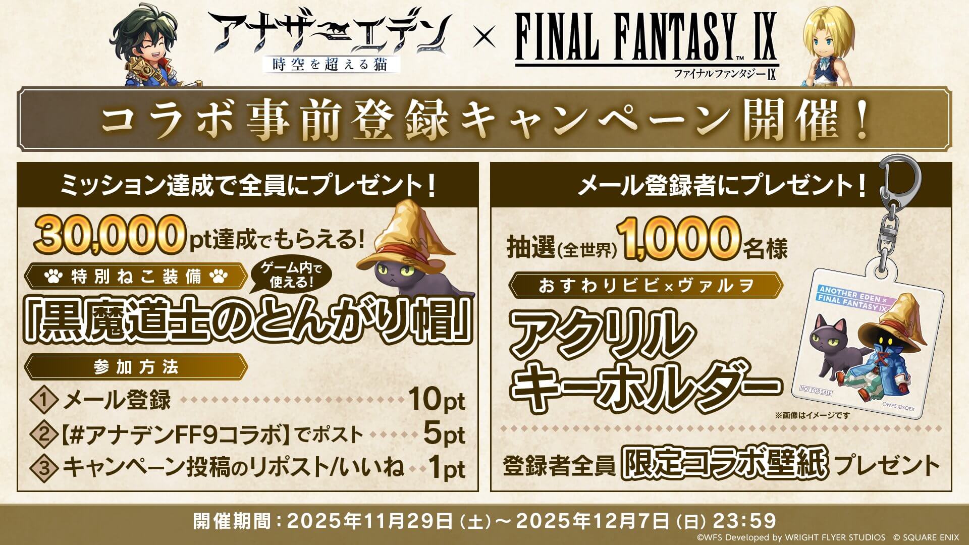 アナザーエデンFF9コラボの事前登録特典「黒魔道士のとんがり帽」を装備した猫の画像。
