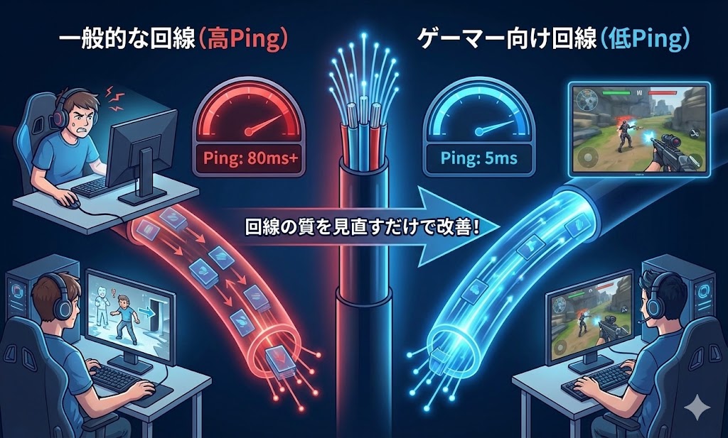 格ゲーやFPSで重要なPing値の比較イメージ。低遅延な光回線の重要性を説明。