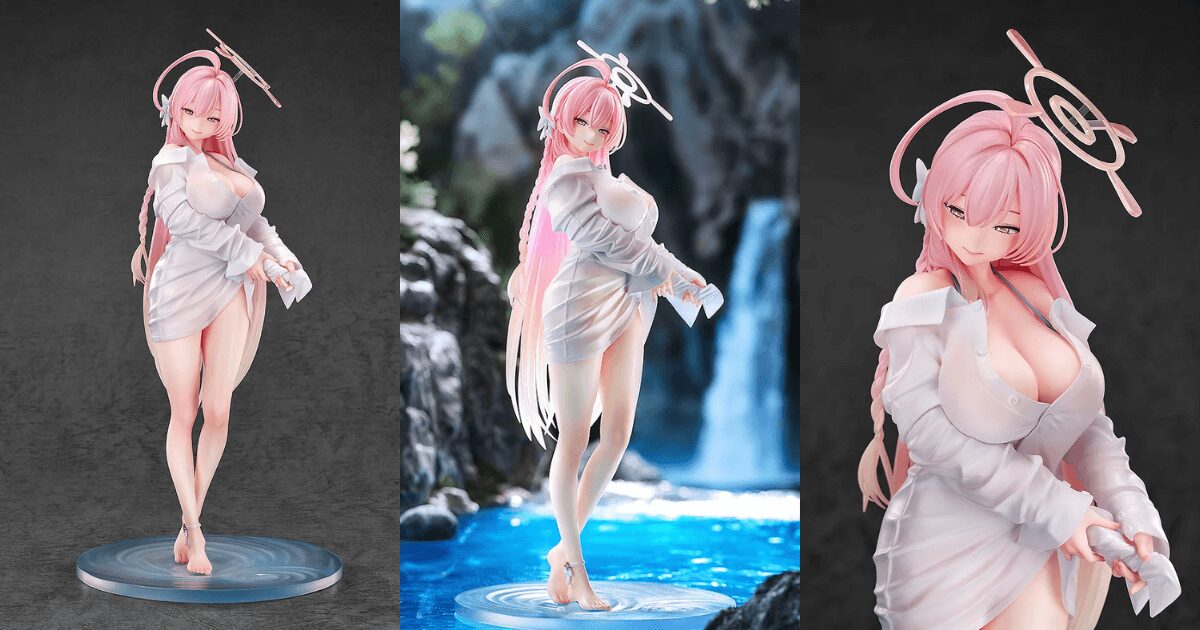 ブルーアーカイブのハナコ(水着)フィギュア。水に濡れたシャツが透け、ボディラインが際立っている様子が鮮明にわかる画像。