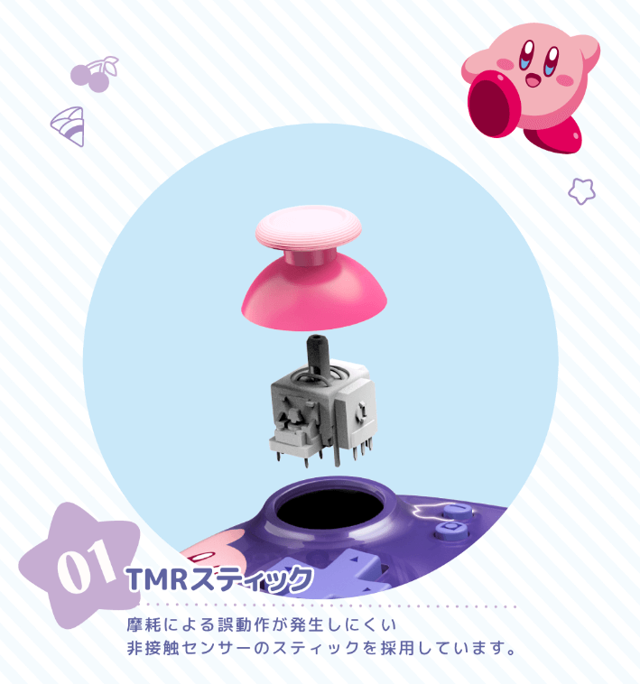 ホリ『ワイヤレスホリパッド TURBO』に搭載された高精度・高耐久なTMRスティックの技術解説図。