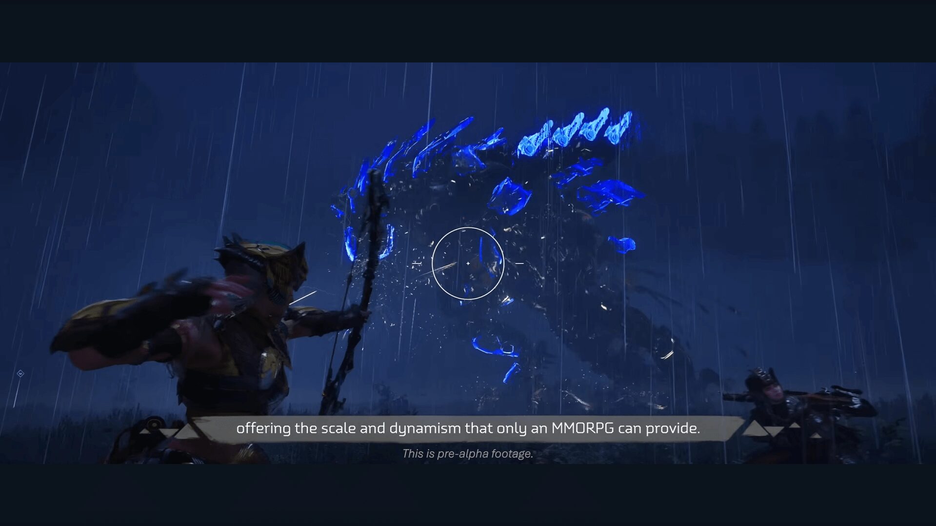 『Horizon Steel Frontiers』でのプレイヤーキャラクターが、巨大な機械獣と迫力ある戦闘を繰り広げるアクションシーン。