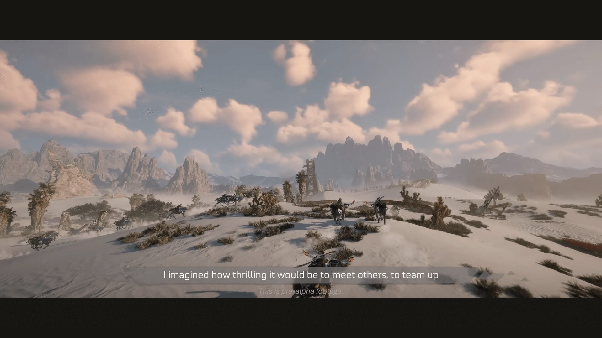 『Horizon Steel Frontiers』のMMORPGらしい広大なフィールドを、ハンターたちが冒険するゲーム内スクリーンショット。